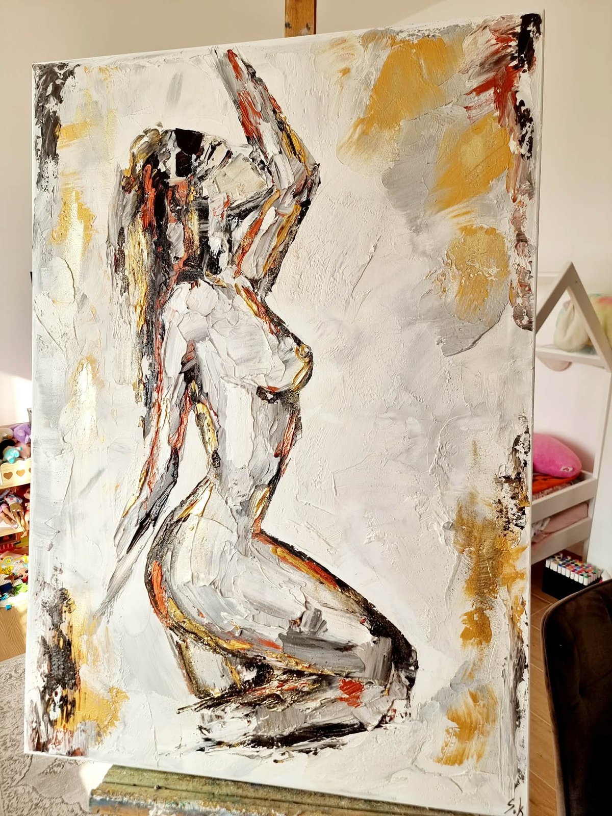 Abstract expressionist painting of a seated nude figure rendered in gestural strokes with white, ochre, and burnt sienna tones on canvas