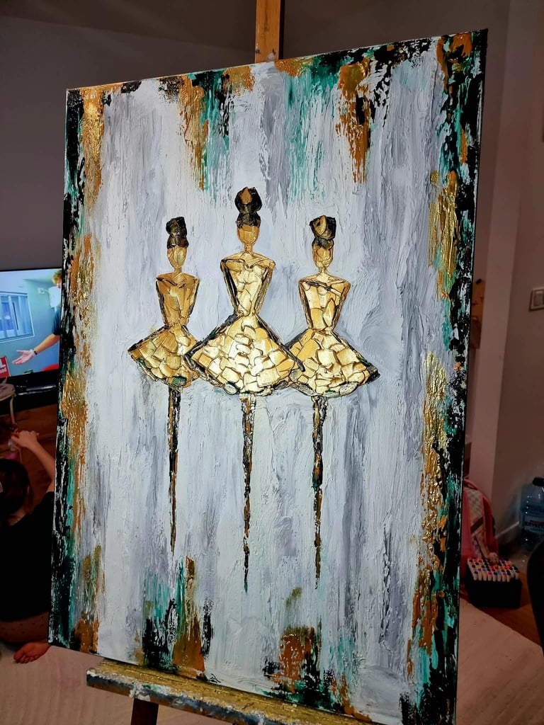 Abstract painting of three gold ballet dancers in tutus on a white distressed canvas with teal and bronze brushstrokes