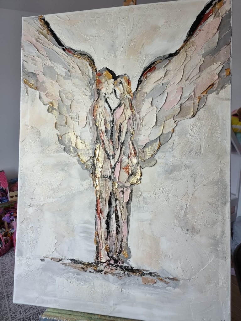 Abstract painting of an angel figure with textured white and cream wings, rendered in impasto oil paint on canvas