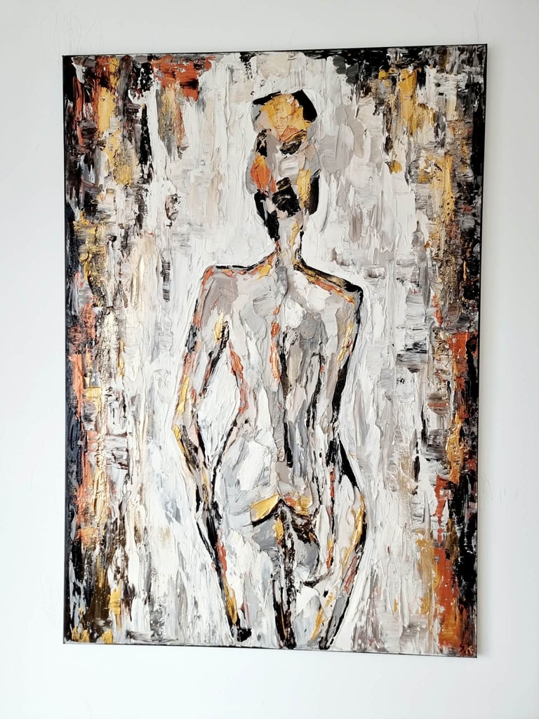 Abstract expressionist painting of a standing figure with bold brushstrokes in white, black, gold, and rust tones on canvas